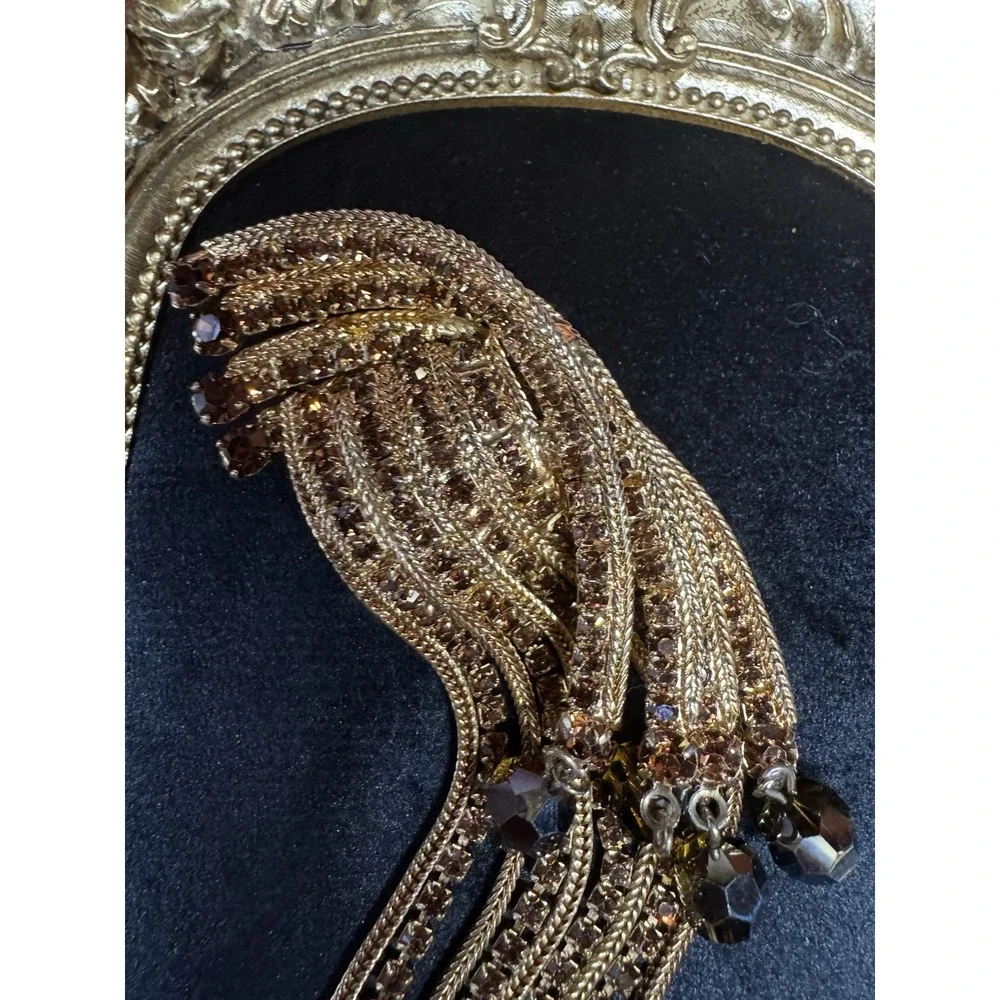 Vintage Gold Tone‎ Waterfall Tassel Brooch Rhinestone Faceted Bead Dangle
